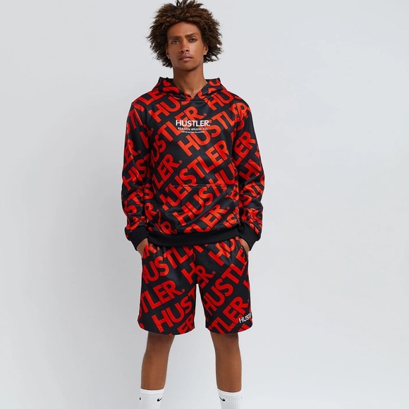 Mens Red/Black Hustler Hoodie and Short Set - Size L - Picture 2 of 12
